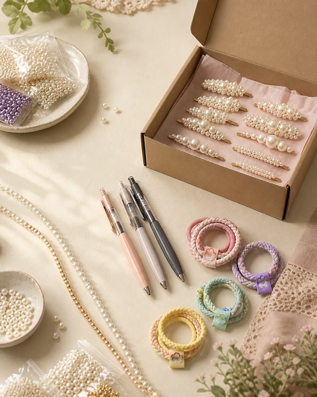 Pearl clips, craft pens, braided hair ties and bead materials arranged beside a delivery box