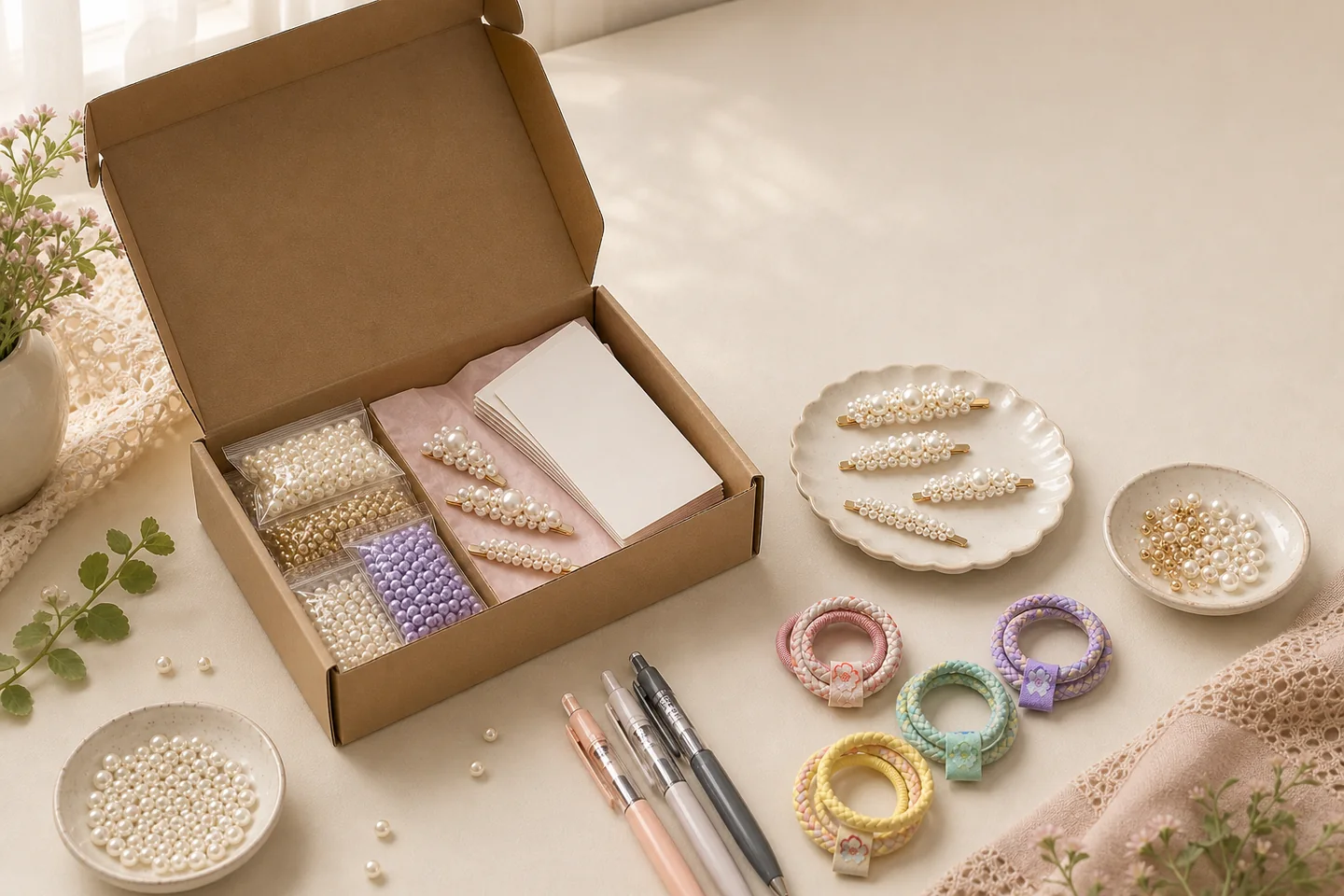 Open delivery box with organized craft materials and finished accessories